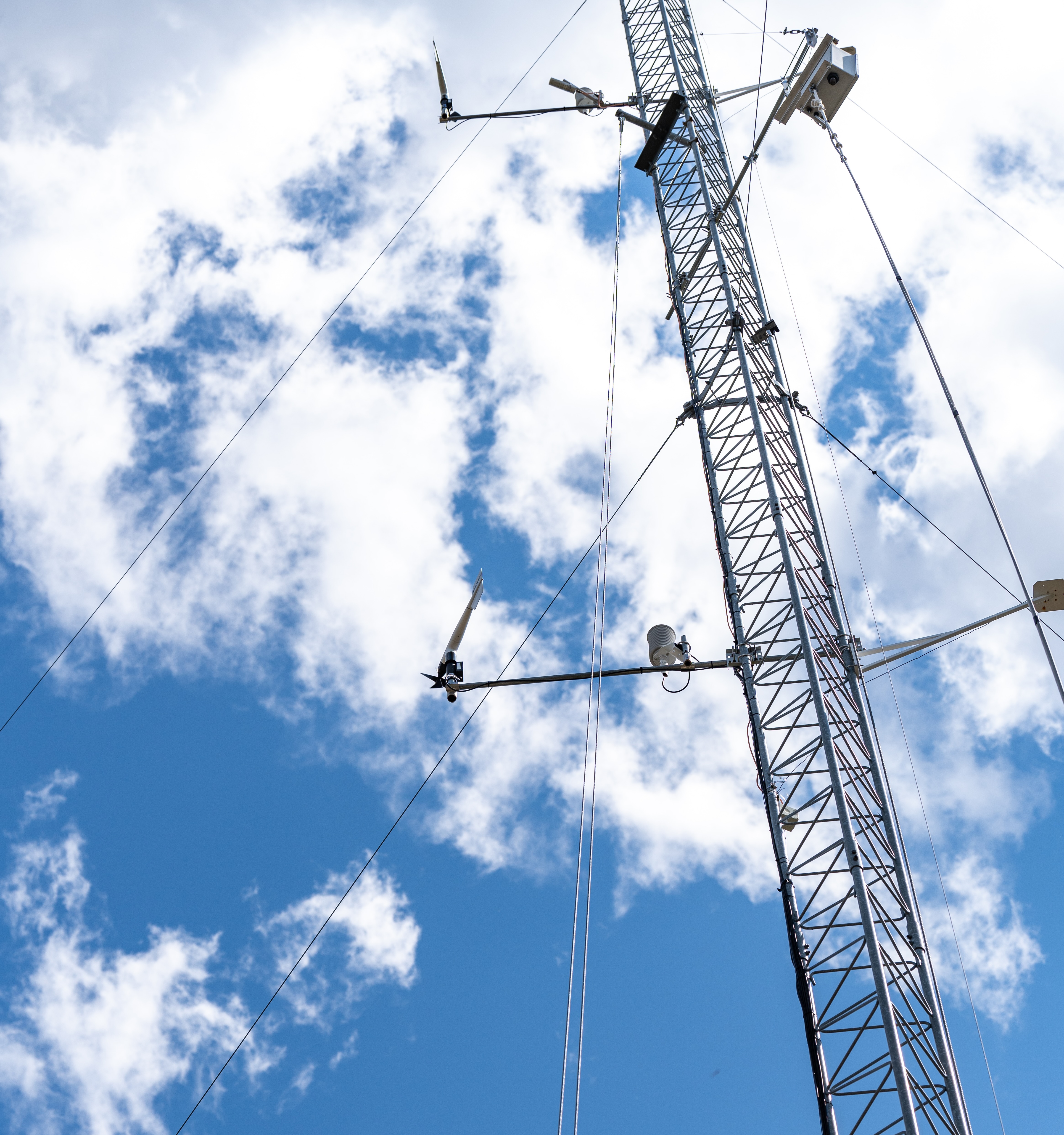 Sensors are placed on 30m tall towers to provide meteorological measurements, such as wind, that are used to calculate deposition patterns.